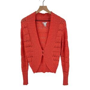 Y2K Cache Open Knit Button Front Cardigan Sweater Coral Red Lightweight Size L